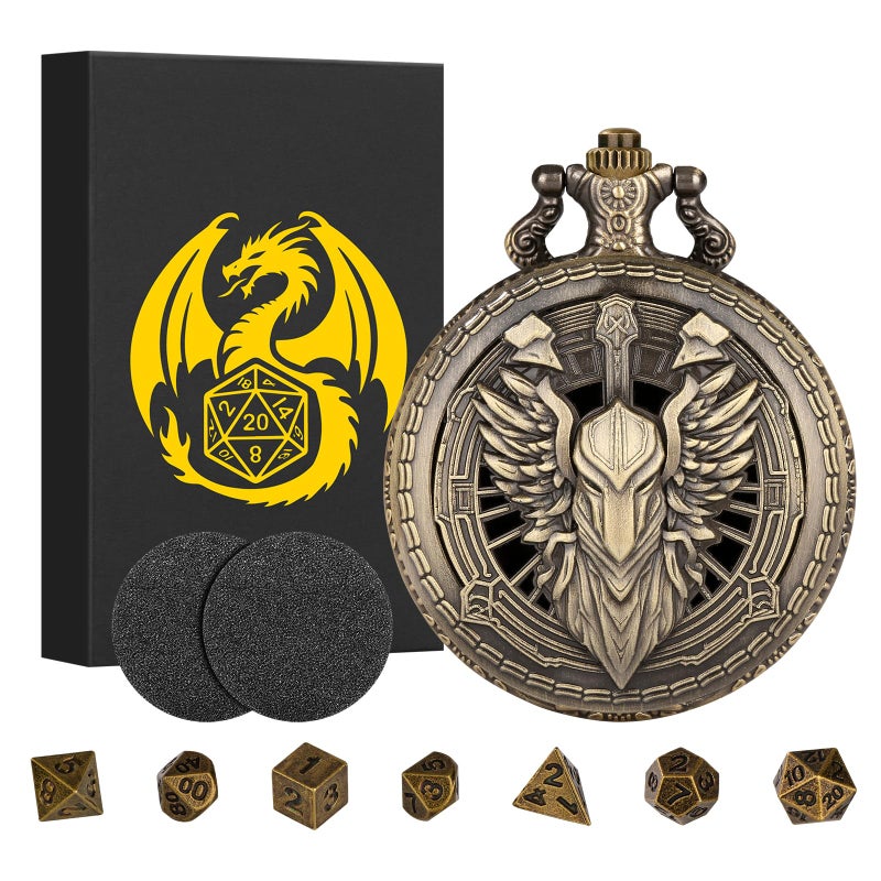 Keller & Weber Mini DND Dice Set Steampunk Hollow Paladin Knight Warrior Pocket Watch Shell Case 7pcs Polyhedral Metal DD Dice Set DND Gifts with Gift Box Role Playing Board Games Accessories - Image 3