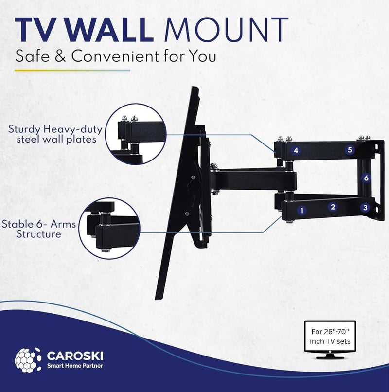 CAROSKI TV Wall Mount - Full Motion TV Mount with 1 Year Warranty Wall TV Bracket TV Screens Swivel TV Wall Mount with Dual Articulating Arms TV Bracket (26 to 70 inches) - Image 2