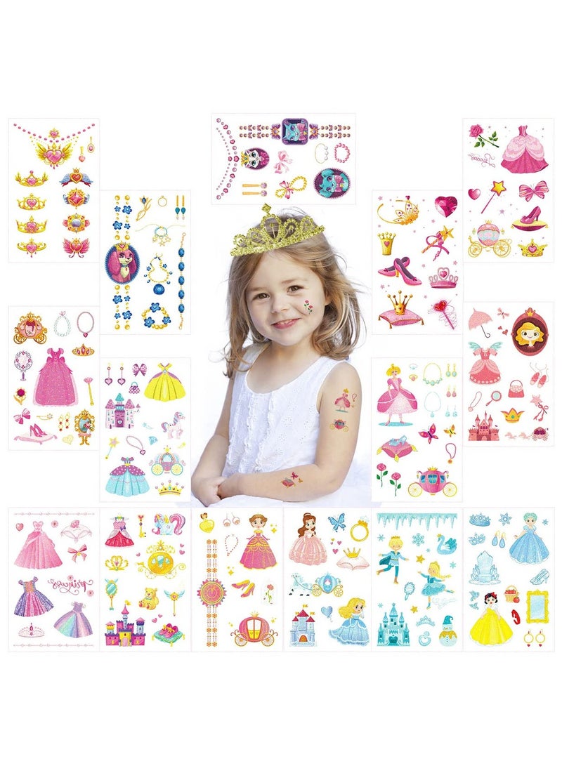 ORAINBOW Glitter Princess Temporary Tattoos for Kids Bulk 15 Sheets Girls Shinning Birthday Party Favor Gift Children Body Decorations Crown Unicorn Butterfly Dress Tattoos - Image 1