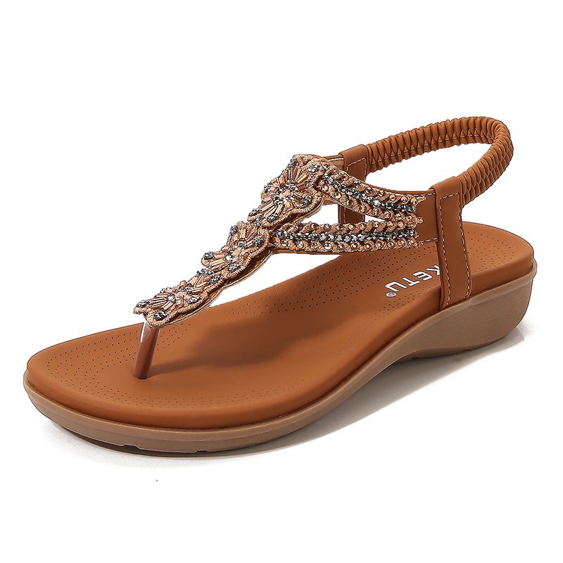 2024 Summer Beaded Rhinestone Comfort Wedge Sandals Brown 