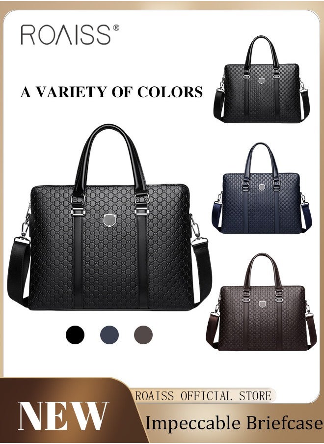 roaiss - Classic Briefcase Textured Leather Laptop Messenger Bag for Men Travel Business Black - Image 1