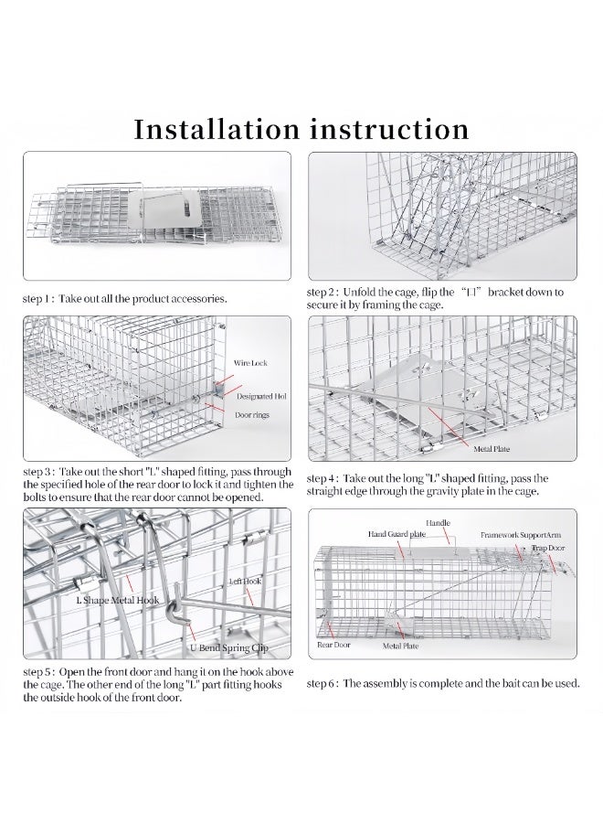 قفص كبير وآمن للإمساك بالحيوانات الحية، قابل للطي ببابين، للإمساك والإطلاق، مناسب للقطط الضالة والكلاب الصغيرة والوشق والقنادس والجرذان الأرضية والحيوانات ذات الحجم المماثل، 65×26×24 سم - Image 3