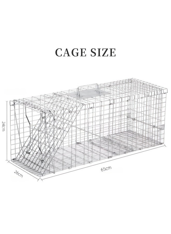 قفص كبير وآمن للإمساك بالحيوانات الحية، قابل للطي ببابين، للإمساك والإطلاق، مناسب للقطط الضالة والكلاب الصغيرة والوشق والقنادس والجرذان الأرضية والحيوانات ذات الحجم المماثل، 65×26×24 سم - Image 2