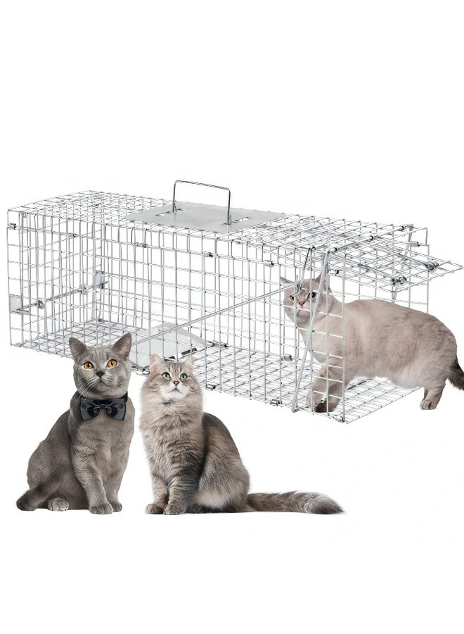 قفص كبير وآمن للإمساك بالحيوانات الحية، قابل للطي ببابين، للإمساك والإطلاق، مناسب للقطط الضالة والكلاب الصغيرة والوشق والقنادس والجرذان الأرضية والحيوانات ذات الحجم المماثل، 65×26×24 سم - Image 1