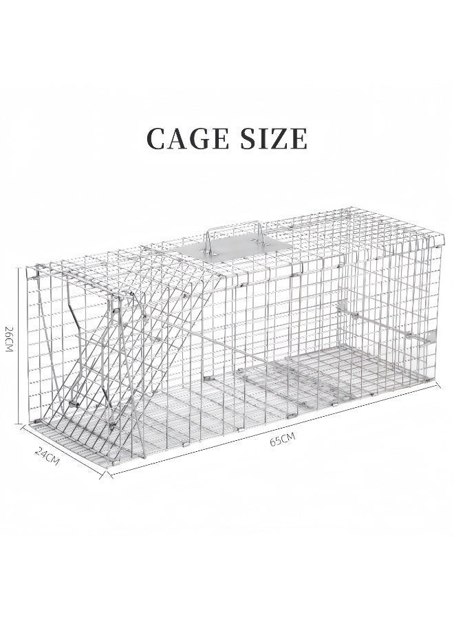 Large, humane live animal cage trap, suitable for stray cats, small dogs, bobcats, beavers, groundhogs, and animals of similar size. Dimensions: 65×26×24 cm - Image 2