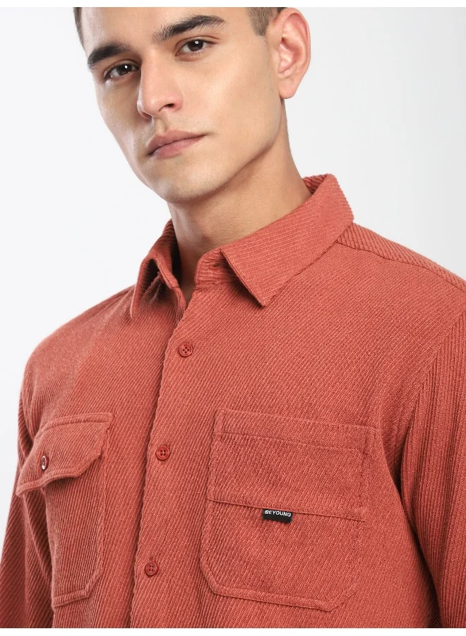 Beyoung Rust Brown Diagonal Striped Shirt