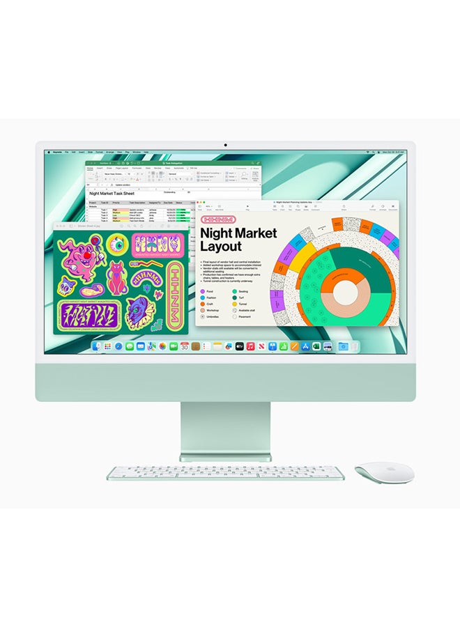 ابل  جهاز iMac مقاس 24 بوصة بشاشة Retina 4.5K: شريحة Apple M3 مع وحدة معالجة مركزية 8 أنوية ووحدة معالجة رسومات 10 أنوية ومحرك SSD سعة 256 جيجابايت/رسومات مدمجة باللغة الإنجليزية/العربية باللون الأخضر - Image 1