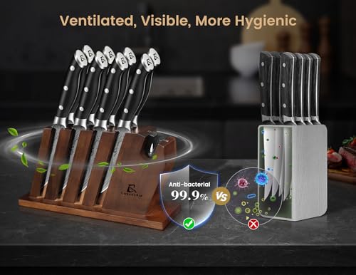 CoquusAid Steak Knives Set of 8 with Block Built-in Sharpener, 4.8 Inch Non Serrated Razor-Sharp Durable Dinner Knives, German Stainless Steel Damascus Pattern Full Tang Forged, Easy to Maintain - Image 2