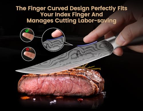 CoquusAid Steak Knives Set of 8 with Block Built-in Sharpener, 4.8 Inch Non Serrated Razor-Sharp Durable Dinner Knives, German Stainless Steel Damascus Pattern Full Tang Forged, Easy to Maintain - Image 4