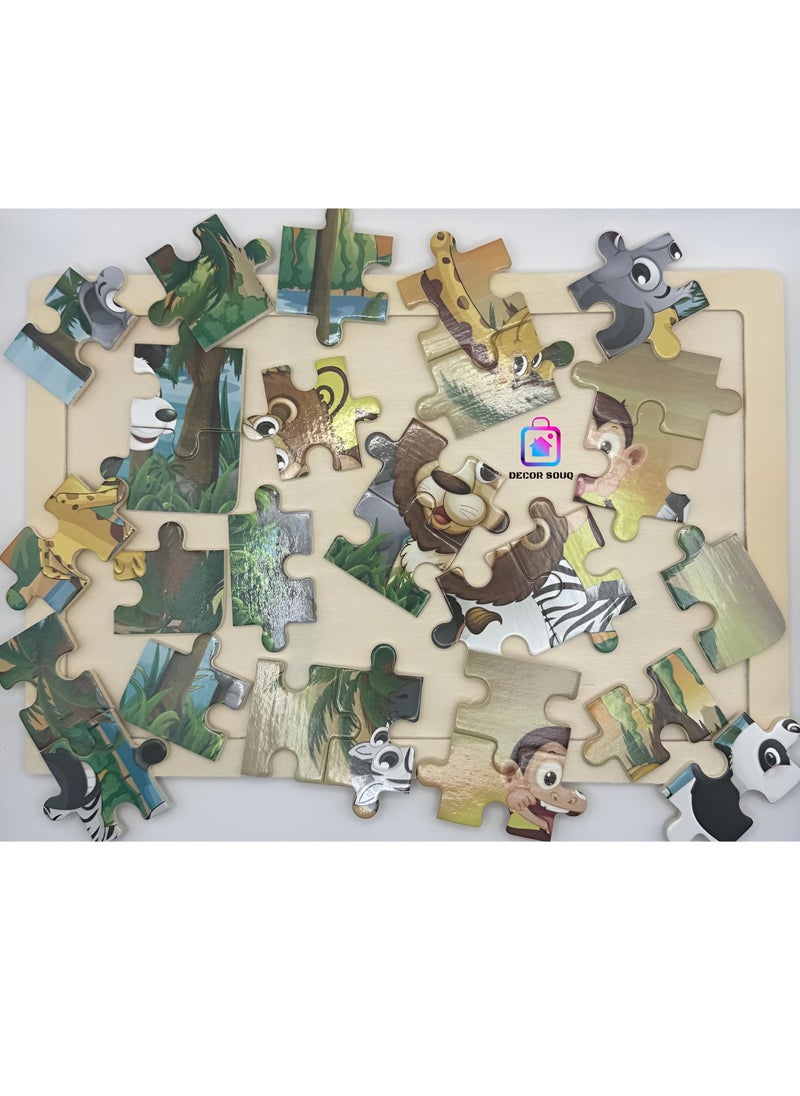 DECOR SOUQ - 30-Piece Wooden Jigsaw Puzzle with Sturdy Board - Engaging Animal Wild Safari Forest Theme for Toddlers & Preschoolers Featuring Lion, Elephant and So on - Develops Problem-Solving, Fine Motor Skills & Creativity - Durable, Eco-Friendly Material for Long-Lasting Use - Fun & Educational Toy for Early Learning - Ideal for Kid's Playtime & Gift Ideas - Bright, Colorful Design for Cognitive Stimulation - Perfect for Home, Classrooms or Travel - Encourages Interactive, Screen-Free Activities - Enhances Hand-Eye Coordination & Early Development - Children Toys - Kids Toy - Puzzles - Limited Stock - Image 1