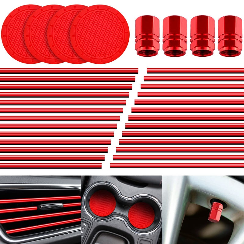 Frienda 28 Pcs Car Interior Accessories Including 20 Pcs Car Air Conditioner Decoration Strip 4 Non Slip Silicone Car Cup Coaster 4 Car Tire Valve Stem Caps for Most Cars SUVs TrucksRed