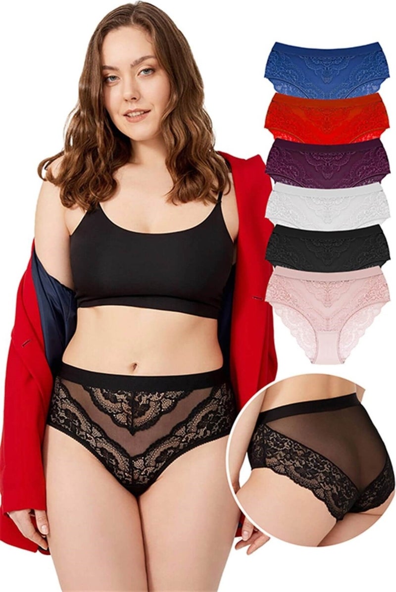 COTTONHILL Lace Sheer Back Plus Size Bikini Panties 6 Pack  - Image 1