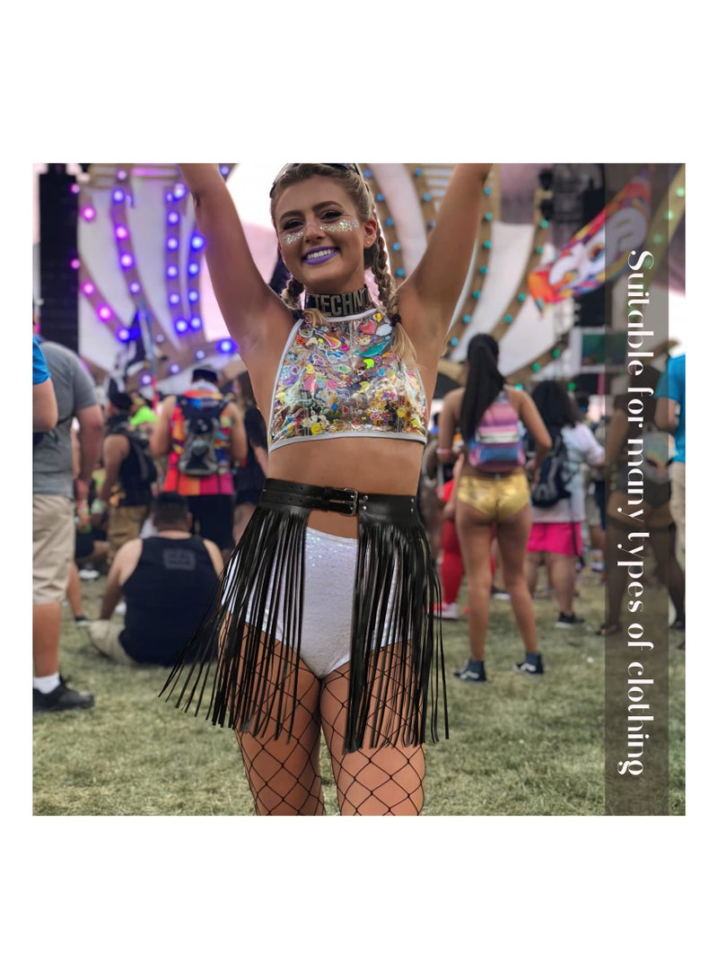 SOLARAE Wide Tassel Fringe Belt for Women, Black PU Leather Gypsy Style Wrap Belt, Retro Faux Leather Casual Waist Belt, Perfect for Fashionable Outfits and Everyday Wear. - Image 2