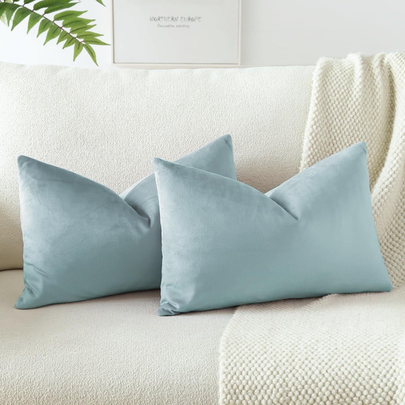 JOTOM Set of 2 Velvet Soft Solid Cushion Covers 30x50 cm Decorative Throw Pillow Covers Soft Lumbar Cushion Case Couch Home Decor Throw Pillow Cases for Sofa Bedroom 12x20 Inch Light Blue