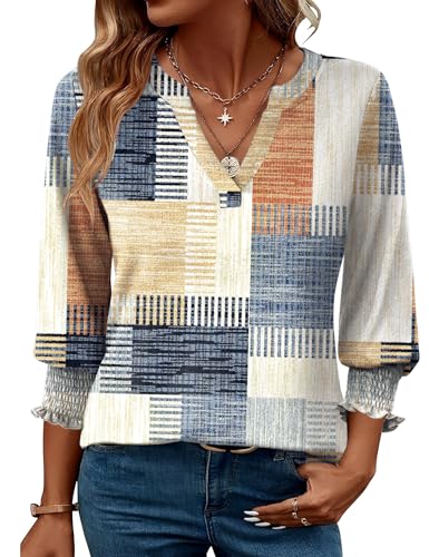 LOMON Shirts for Women Trendy V Neck T Shirts for Women 3/4 Length Sleeve Womens Tops 2025 Summer Orange Blue Print XL - Image 1
