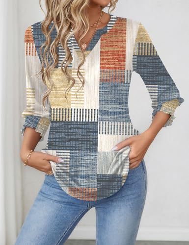 LOMON Shirts for Women Trendy V Neck T Shirts for Women 3/4 Length Sleeve Womens Tops 2025 Summer Orange Blue Print XL - Image 3