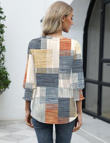 LOMON Shirts for Women Trendy V Neck T Shirts for Women 3/4 Length Sleeve Womens Tops 2025 Summer Orange Blue Print XL - Image 4