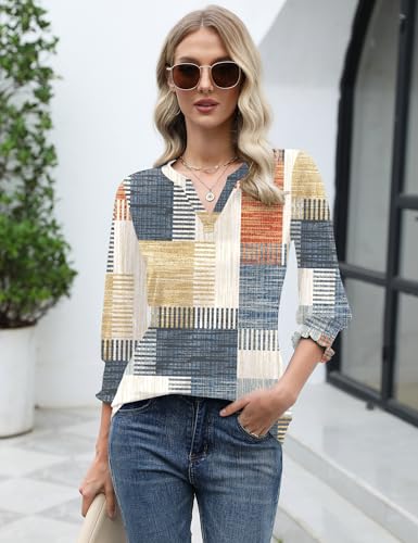 LOMON Shirts for Women Trendy V Neck T Shirts for Women 3/4 Length Sleeve Womens Tops 2025 Summer Orange Blue Print XL - Image 5