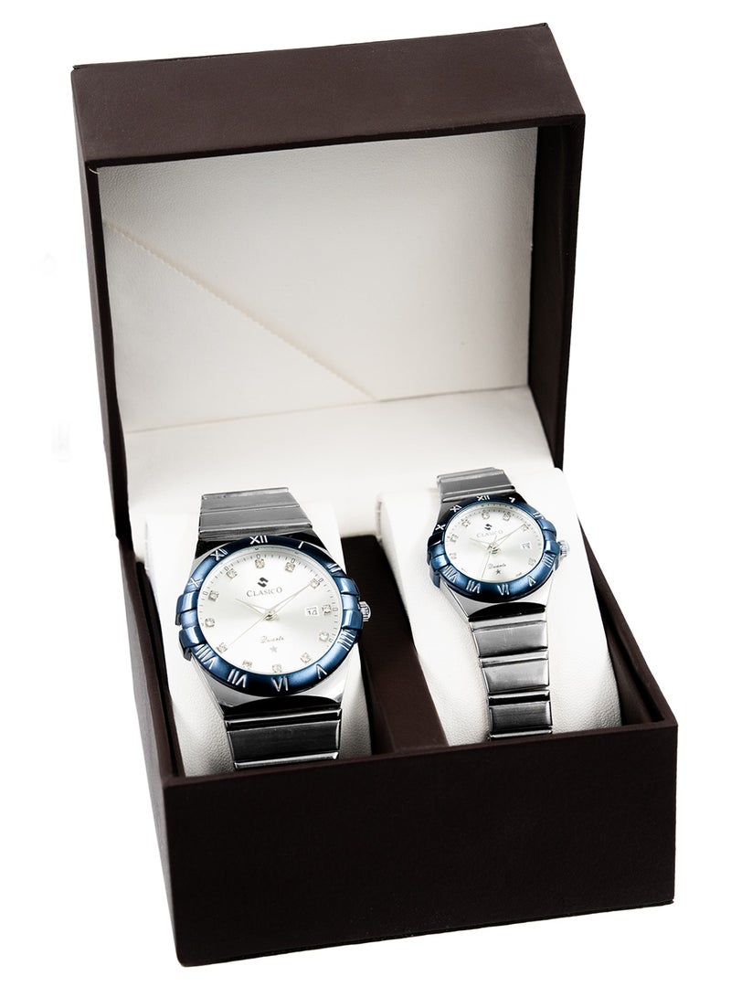 Clasico Twin-Face Couple Edition – Silver Radiance with White Dial – 6-Hands Chronograph Watch with Steel Strap – Waterproof Design – Watch Gift Set 40mm & 36mm  - Image 3