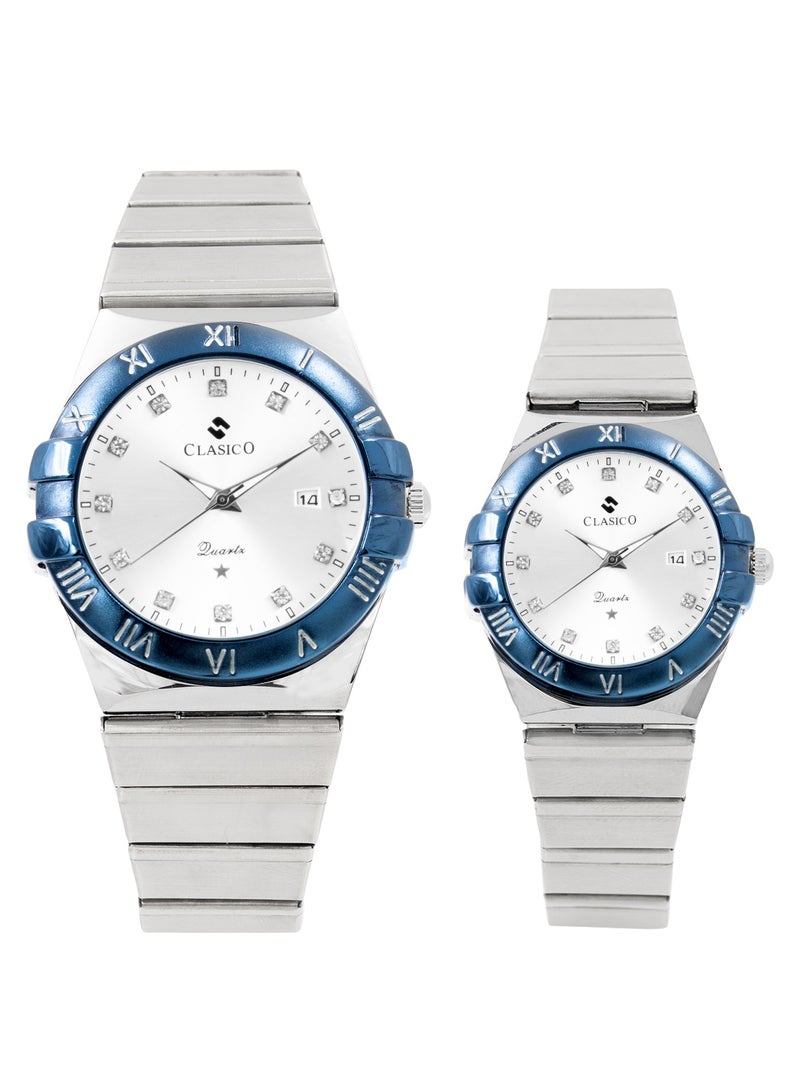 Clasico Twin-Face Couple Edition – Silver Radiance with White Dial – 6-Hands Chronograph Watch with Steel Strap – Waterproof Design – Watch Gift Set 40mm & 36mm  - Image 1