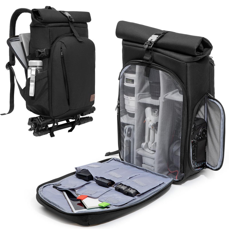 Smasrob Camera Backpack with Padded Laptop Sleeve and Tripod Holder, Camera Bags for Photographers with Adjustable Dividers, Black - Image 1