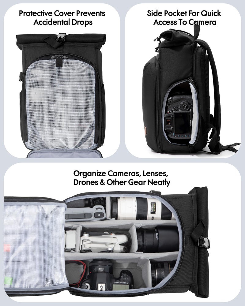Smasrob Camera Backpack with Padded Laptop Sleeve and Tripod Holder, Camera Bags for Photographers with Adjustable Dividers, Black - Image 3