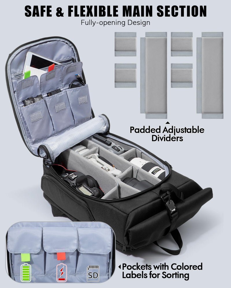 Smasrob Camera Backpack with Padded Laptop Sleeve and Tripod Holder, Camera Bags for Photographers with Adjustable Dividers, Black - Image 2