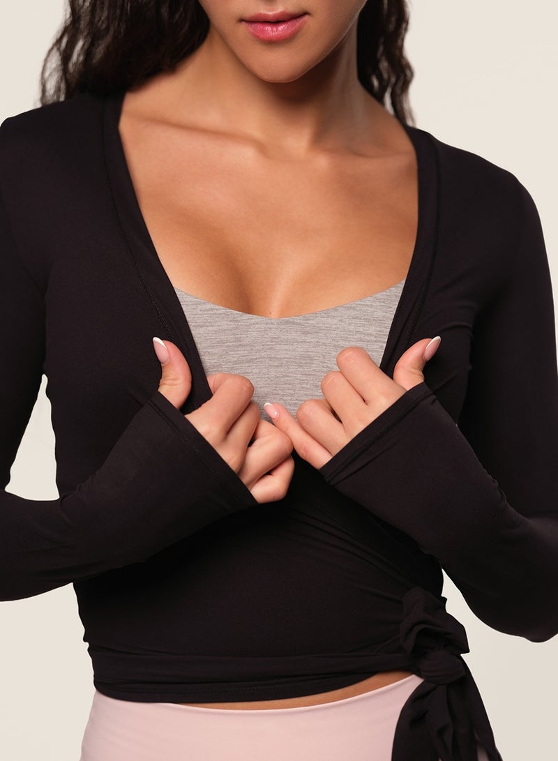 TAO Wearing Kimono I Womens Tie Front Pilates Wrap Top Long Sleeve Workout Tops Bolero Shrugs Crop Cardigan Yoga Ballet Cover up Tops Pilates Outfits, Black - Image 2
