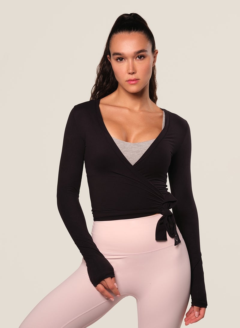 TAO Wearing Kimono I Womens Tie Front Pilates Wrap Top Long Sleeve Workout Tops Bolero Shrugs Crop Cardigan Yoga Ballet Cover up Tops Pilates Outfits, Black - Image 1