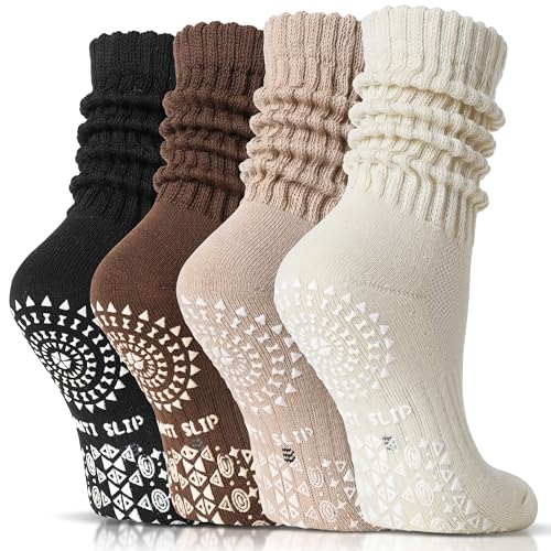 Sandsuced Pilates Grip Slouchy Yoga Socks Winter Warm Cozy Scrunch Boot Grippy Crew Slipper Socks 4 Pairs for Women Gift Stocking Stuffers(Black/Dark khaki/Light khaki/Beige,M) - Image 1