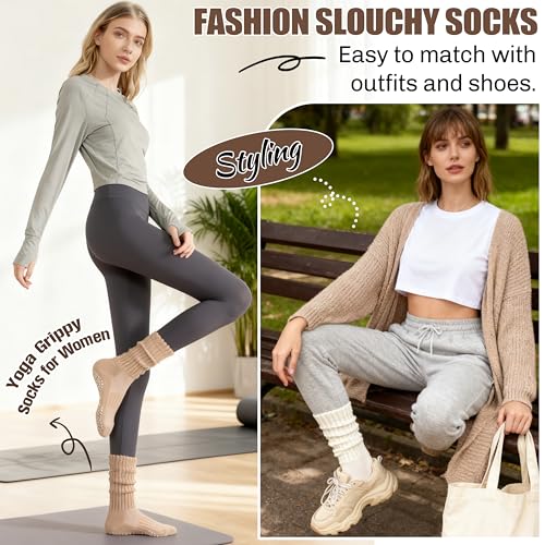 Sandsuced Pilates Grip Slouchy Yoga Socks Winter Warm Cozy Scrunch Boot Grippy Crew Slipper Socks 4 Pairs for Women Gift Stocking Stuffers(Black/Dark khaki/Light khaki/Beige,M) - Image 4