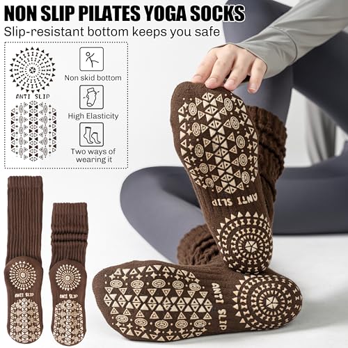 Sandsuced Pilates Grip Slouchy Yoga Socks Winter Warm Cozy Scrunch Boot Grippy Crew Slipper Socks 4 Pairs for Women Gift Stocking Stuffers(Black/Dark khaki/Light khaki/Beige,M) - Image 5