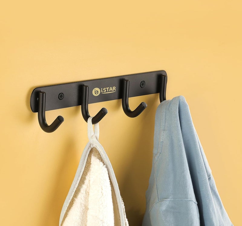 iSTAR خطافات ملابس الحمام 4 دبابيس حامل باب حائط غرفة نوم حمام خطافات رداء سكة لتعليق المفاتيح والملابس والمناشف خطاف فولاذي من الفولاذ المقاوم للصدأ (أسود عبوة من 2) - Image 2