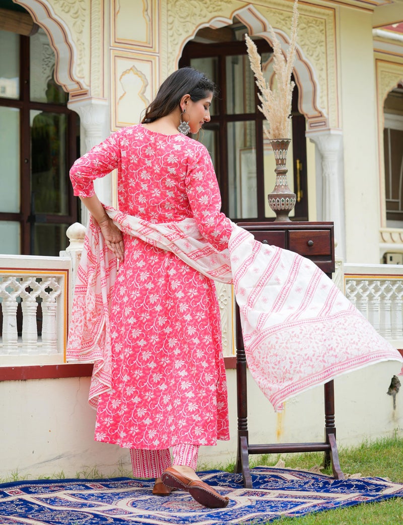 Yash Gallery Women's Cotton Floral Printed Regular Fit Anarkali Kurta with Pants & Dupatta Set (1585YKPINK, 8XL, Pink) - Image 4