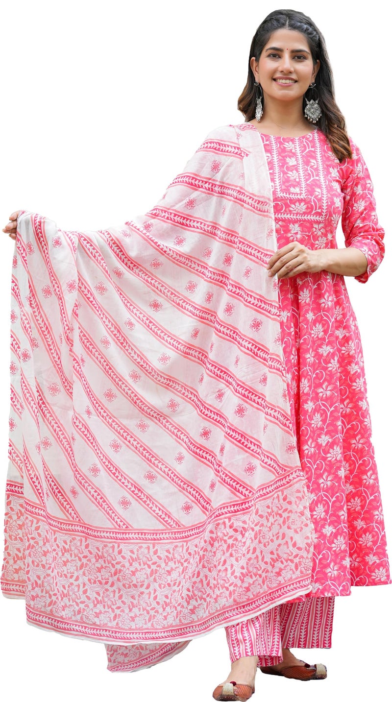 Yash Gallery Women's Cotton Floral Printed Regular Fit Anarkali Kurta with Pants & Dupatta Set (1585YKPINK, 8XL, Pink) - Image 1