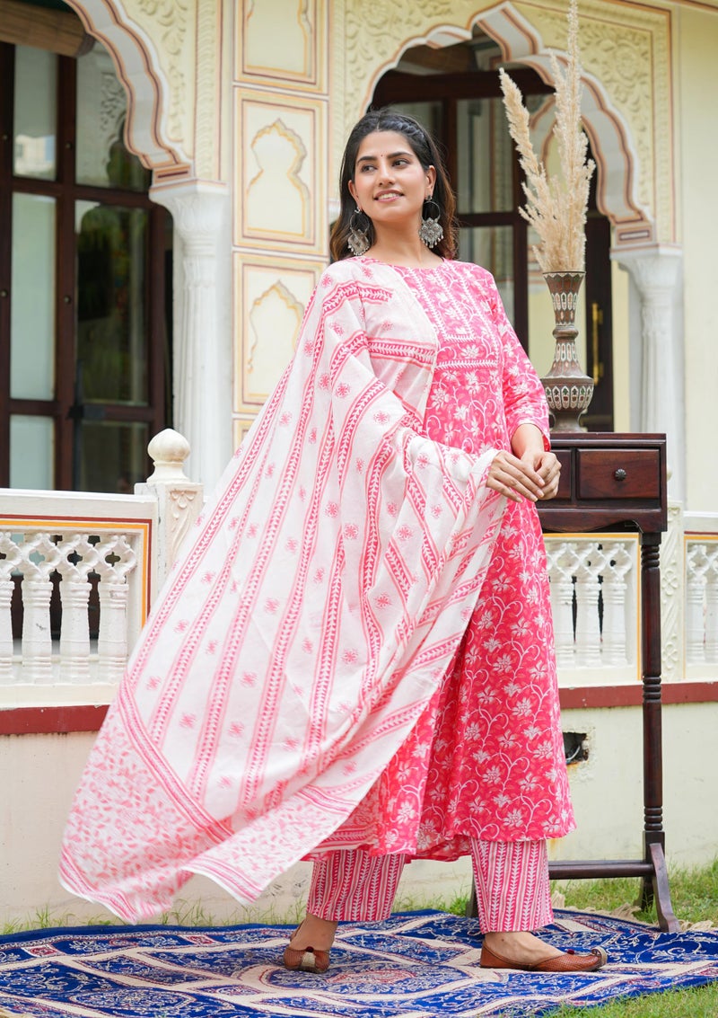 Yash Gallery Women's Cotton Floral Printed Regular Fit Anarkali Kurta with Pants & Dupatta Set (1585YKPINK, 8XL, Pink) - Image 2