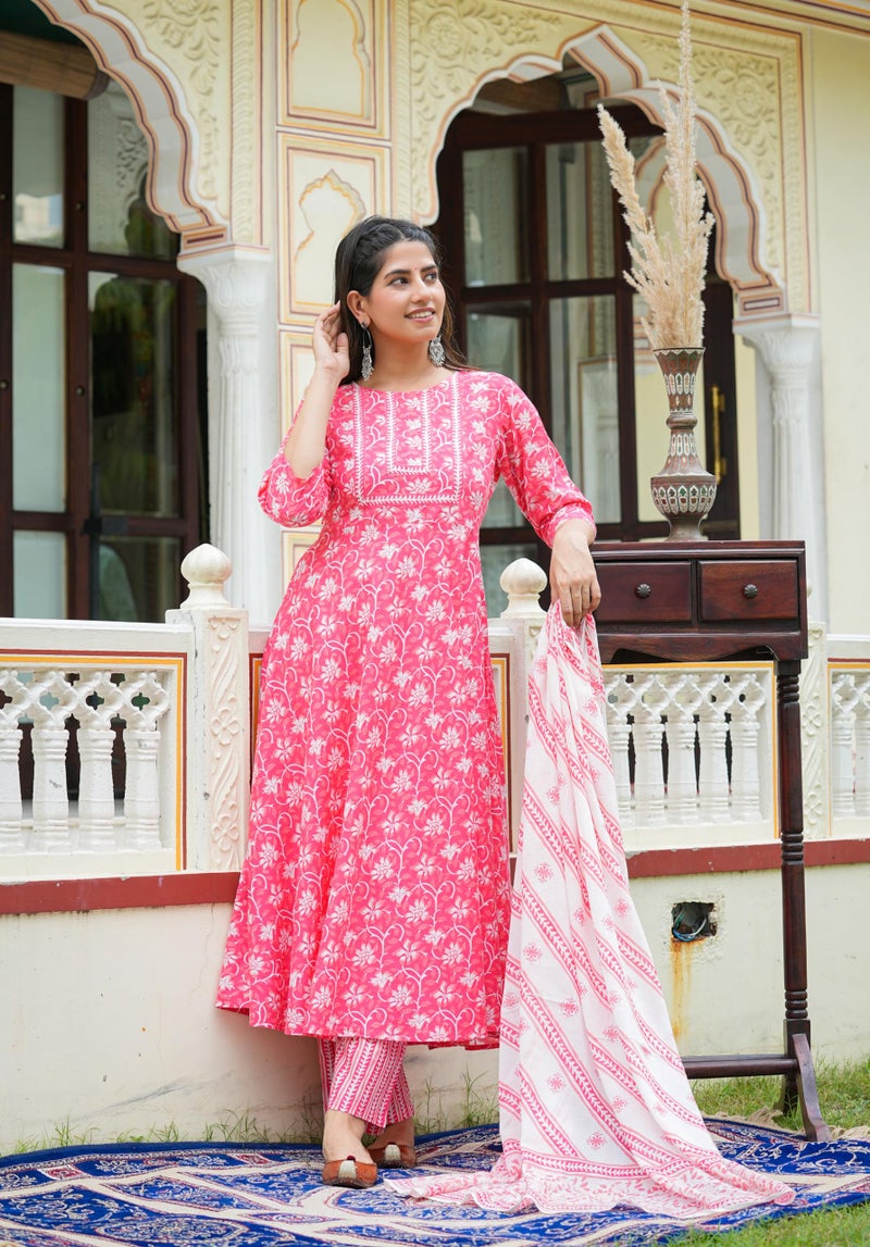 Yash Gallery Women's Cotton Floral Printed Regular Fit Anarkali Kurta with Pants & Dupatta Set (1585YKPINK, 8XL, Pink) - Image 3