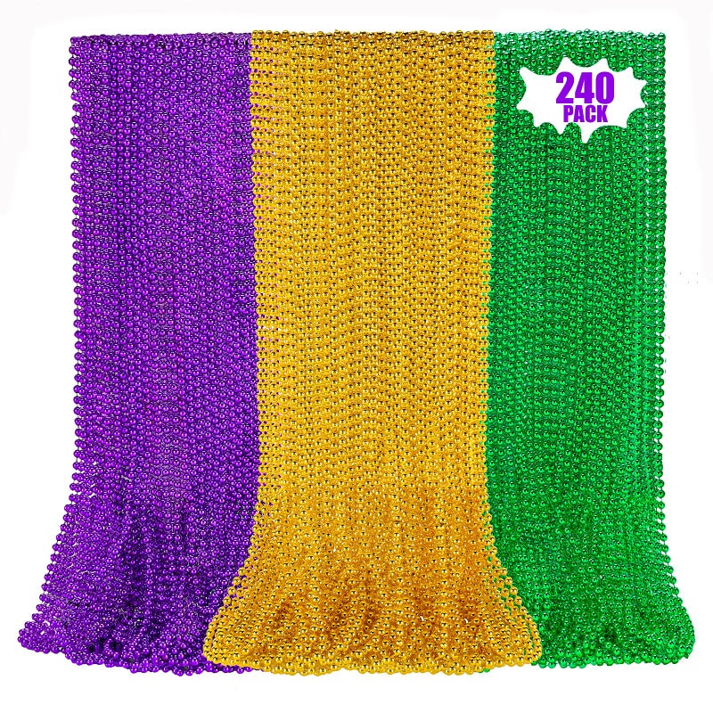LINSIRON 240 Pcs Purple Gold Green Bead Necklace, 33 Inch Mardi Gras Christmas Beads, Bulk Metallic Party Beads for Mardi Gras Parade , St Patricks Day, Wedding, Birthday, Pirate Party, Carnival Party Favors - Image 1