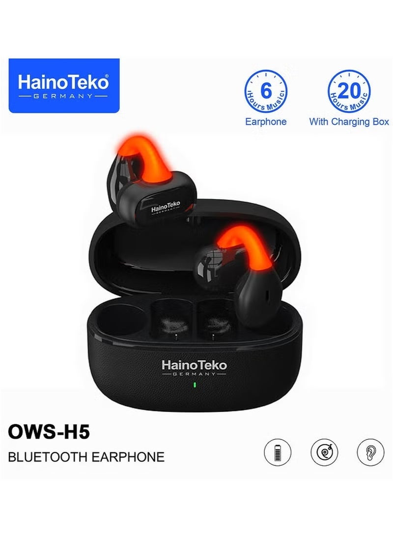 Haino Teko OWS-H5 True Wireless Bluetooth Earphones with LED Light, 20-Hour Battery Life, Touch Control, Noise Isolation, Fast Pairing – Compatible with Android Smartphones, Tablets, and All Bluetooth Devices – Stylish Black Design for Daily Use  - Image 1