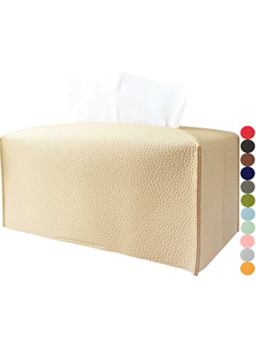 JESMINI Extra Large Rectangle Tissue Box Cover – Plus Size Tissue Box Holder with Bottom Belt [JESMINI, Beige] Faux Leather Long Rectangular Tissue Holder for Bathroom/Home/Car/Office Decor - Image 1