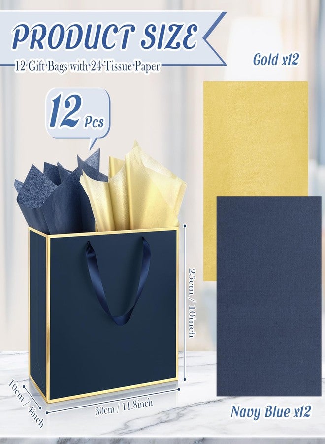 ReliThick 12 Pack Metallic Paper Gift Bag with Handles and Tissue Paper 11.8 x 10 x 4'' Thank You Favor Bag for St. Patrick's Day Wedding Bridesmaid Groomsman 5 Senses Gifts (Navy Blue,Gold) - Image 2