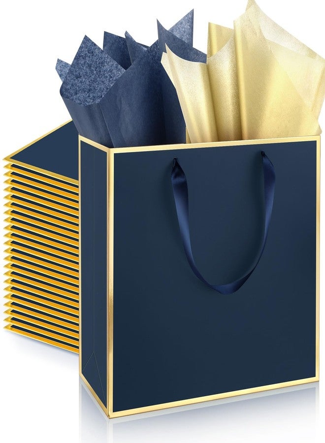 ReliThick 12 Pack Metallic Paper Gift Bag with Handles and Tissue Paper 11.8 x 10 x 4'' Thank You Favor Bag for St. Patrick's Day Wedding Bridesmaid Groomsman 5 Senses Gifts (Navy Blue,Gold) - Image 1
