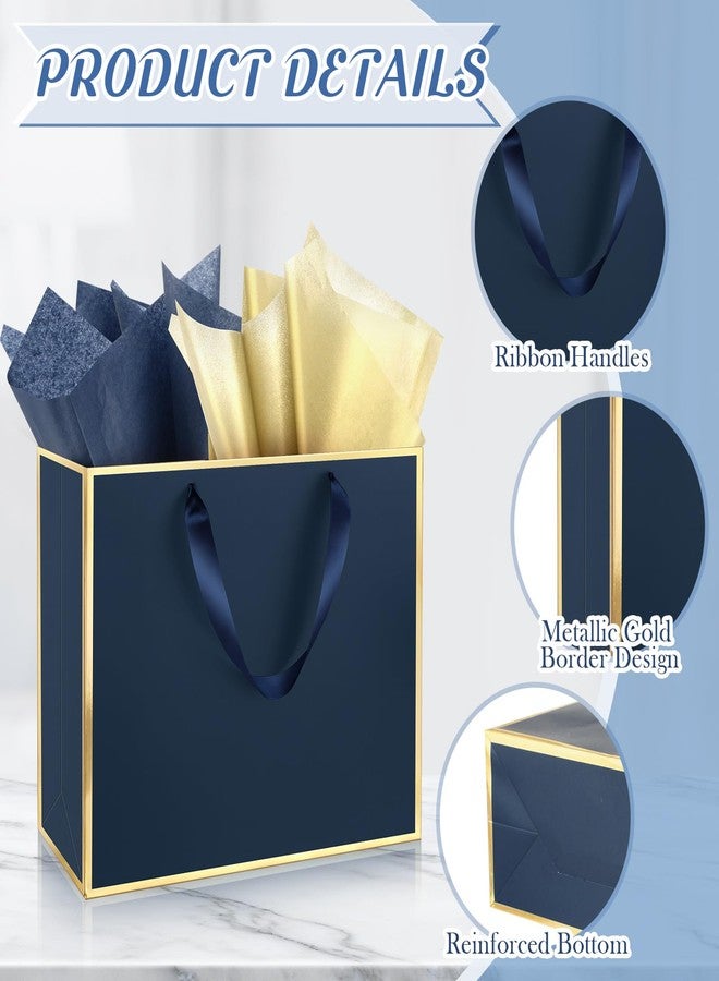 ReliThick 12 Pack Metallic Paper Gift Bag with Handles and Tissue Paper 11.8 x 10 x 4'' Thank You Favor Bag for St. Patrick's Day Wedding Bridesmaid Groomsman 5 Senses Gifts (Navy Blue,Gold) - Image 3
