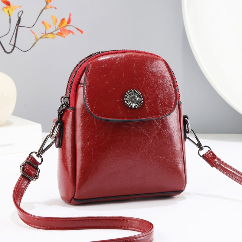 Retro Oil Wax Leather Women'S Crossbody Bag Double-Layer Zipper Mobile Phone Bag Casual Solid Color Flip Shoulder Bag - Image 5