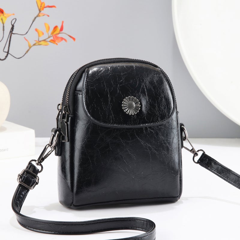 Retro Oil Wax Leather Women'S Crossbody Bag Double-Layer Zipper Mobile Phone Bag Casual Solid Color Flip Shoulder Bag - Image 2
