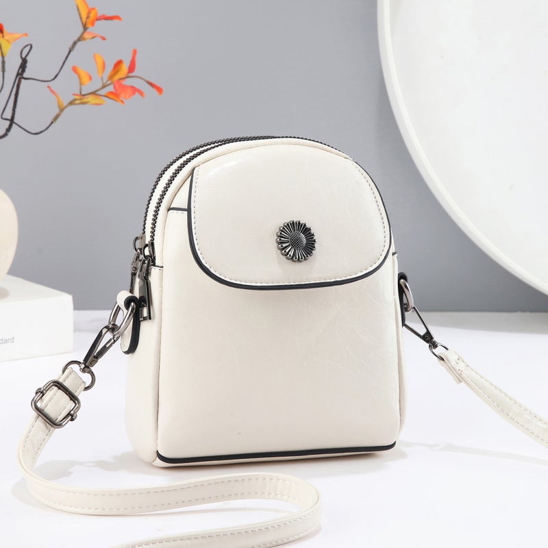 Retro Oil Wax Leather Women'S Crossbody Bag Double-Layer Zipper Mobile Phone Bag Casual Solid Color Flip Shoulder Bag - Image 4