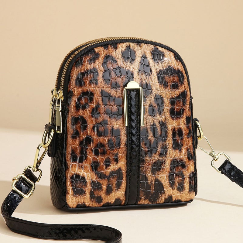 Retro Oil Wax Leather Women'S Crossbody Bag Double-Layer Zipper Mobile Phone Bag Casual Solid Color Flip Shoulder Bag - Image 1