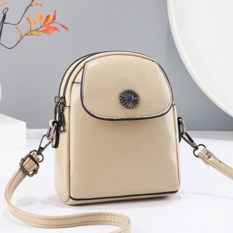 Retro Oil Wax Leather Women'S Crossbody Bag Double-Layer Zipper Mobile Phone Bag Casual Solid Color Flip Shoulder Bag - Image 3