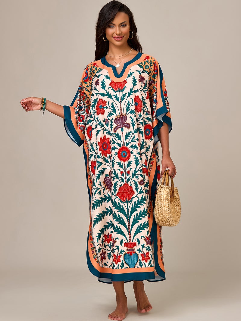 Women's Ethnic Print Beach Cover-Up Dress Loose Long Sun Protection Swimwear - Image 1