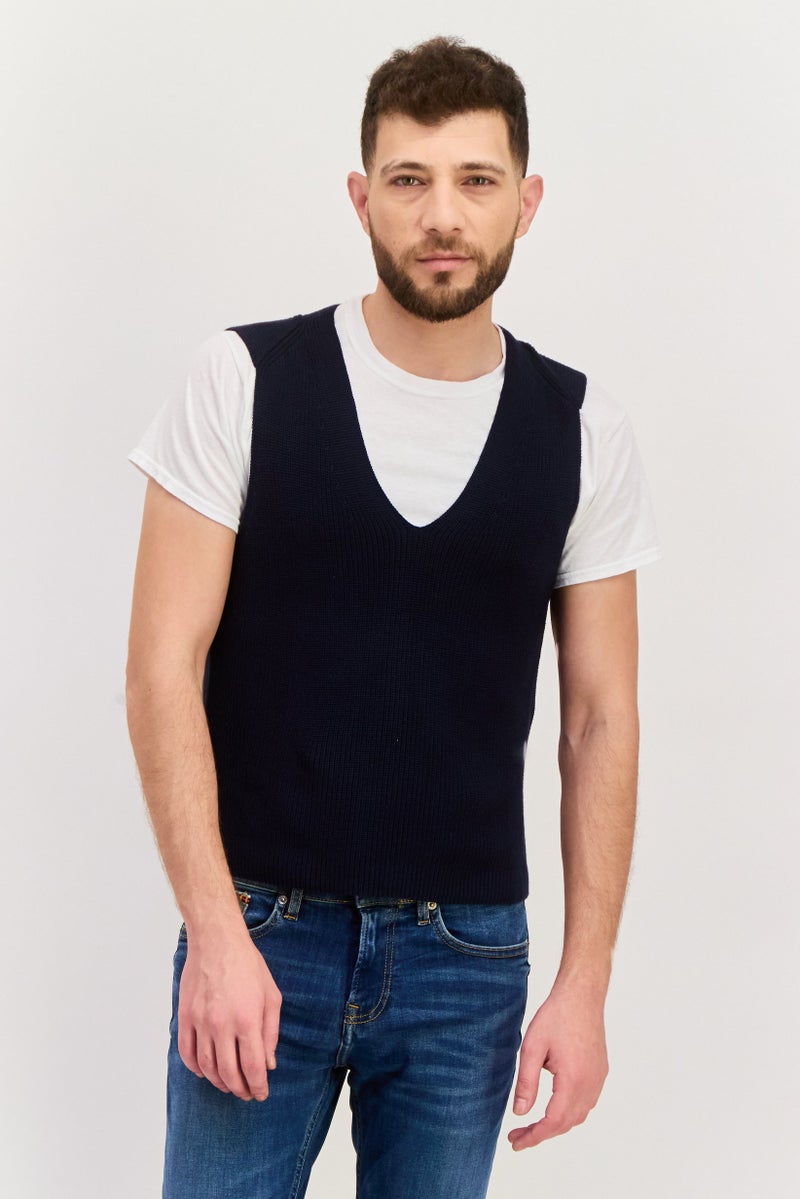 ESPRIT سترة صوفية بدون أكمام على شكل حرف V للرجال، لون أزرق داكن - Image 1